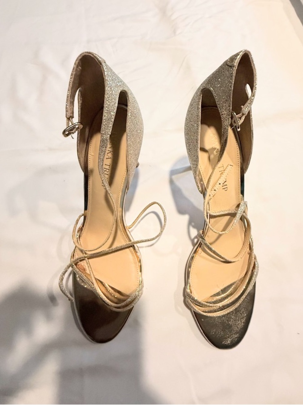 Ivanka Trump Glitter Strappy Ankle-Wrap Sandals in Gold
